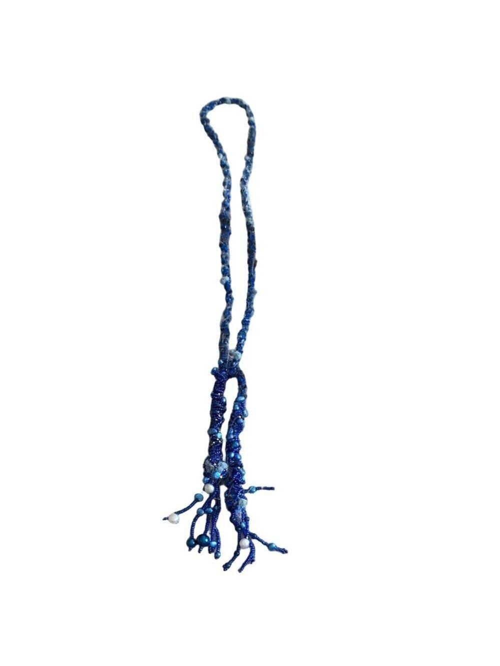 Handmade Blue Beaded Lariat Necklace 41”